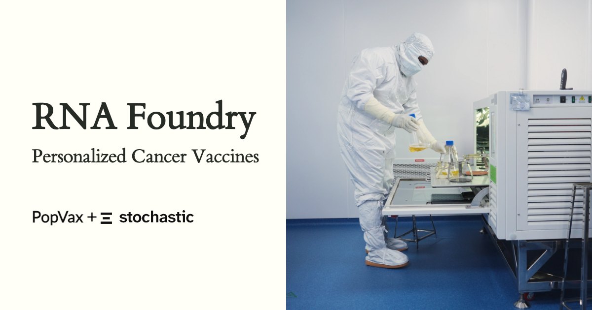 RNA Foundry, Personalized Cancer Vaccines, from PopVax and Stochastic, beside a photograph of an operator loading flasks at the RNA Foundry.